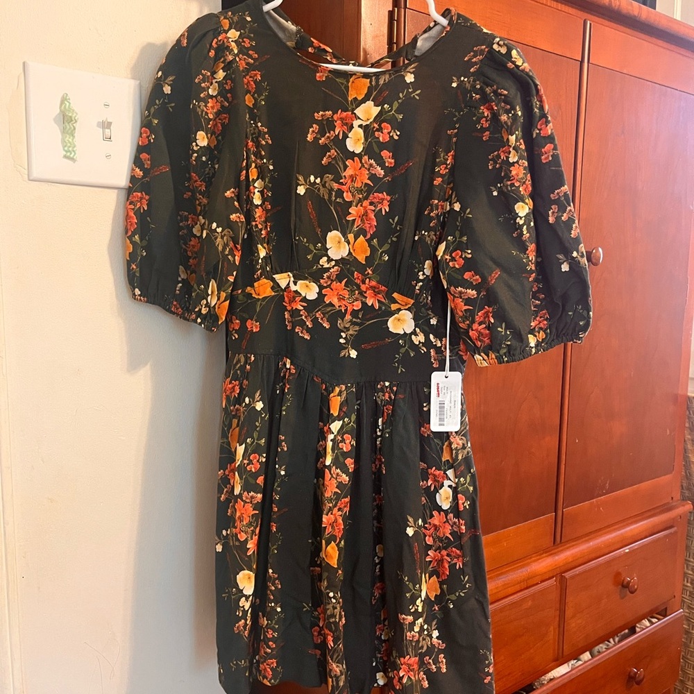 SAYLOR Black and Orange A-line Knee-length Puff Sleeve Dress